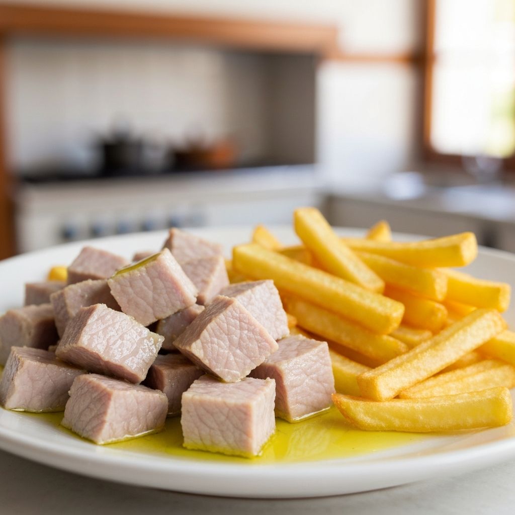 Tacos de raxo con patatas fritas